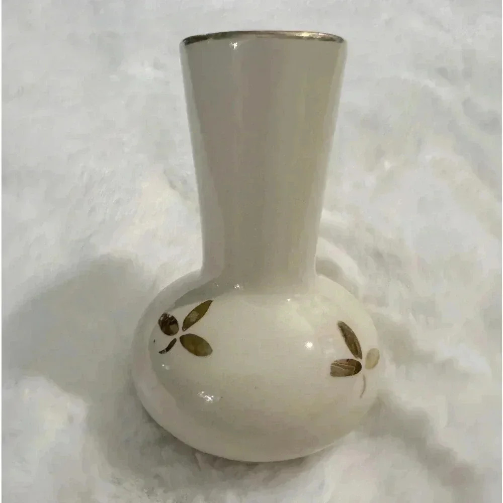 Vintage MCM Ceramic Cream & Gold Floral Handpainted Small Vase 70’s 80’s Fun - Picture 2 of 12